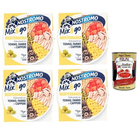 Nostromo Koch- & Backzutaten Nostromo Mix & Go Mediterranea Fertiggericht mit Thunfisch, Dinkel und Kapern 4x190gr Original italienisch inkl. Italian Gourmet Polpa 400g 8032804040014