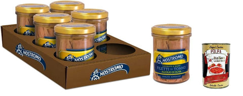Nostromo Thunfisch Nostromo - Thunfischfilets mit Olivenöl, 6 Gläser von 180gr. Überlegene Qualität, handgefertigt, Quelle von Omega 3 + Italian Gourmet polpa 400g 8005850216283