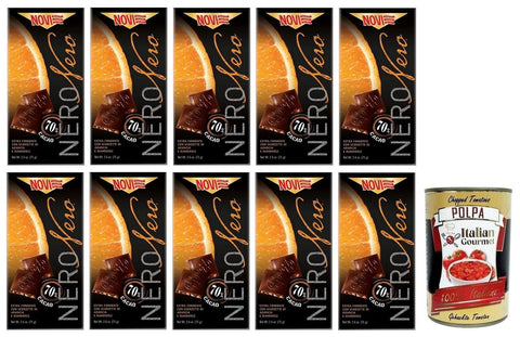 Novi Praline 10x Novi Nero Cioccolato Fondente Arancia e Mandorle,Extra Dunkle Schokolade mit Orangenschalen und Mandeln,70% Kakao,75g + Italian Gourmet Polpa di Pomodoro 400g Dose 8006380215777
