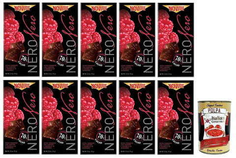 Novi Praline 10x Novi Nero Cioccolato Fondente Lamponi e Mandorle,Extra Dunkle Schokolade mit Himbeeren und Gehackten Mandeln,70% Kakao,75g + Italian Gourmet Polpa di Pomodoro 400g Dose 8006380315705