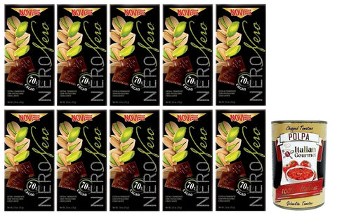 Novi Nero Pistacchio Extra Dunkle Schokolade mit Knusprigen Pistazien 70% Kakao 75 g 10x italienisch Original Pastasauce + gratis Polpa di Pomodoro 400 g Dose
