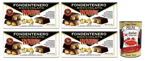 Novi Fondentenero Nocciolato Extrem Bittere Dunkle Schokolade mit Ganzen Haselnüssen 72% Kakao 130 g 4x italienisch Original Pastasauce + gratis Polpa di