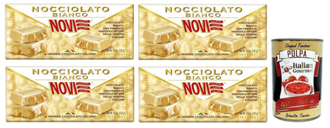 Novi Nocciolato Bianco Weiße Schokolade mit Ganzen Haselnüssen Italienische Schokolade 130 g 4x italienisch Original Pastasauce + gratis Polpa di Pomodoro 400 g