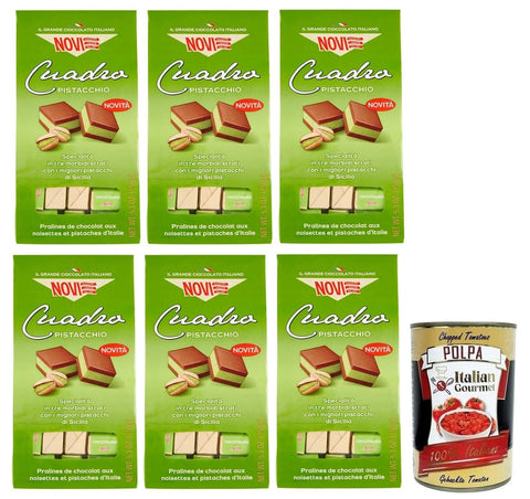 Novi Praline 6x Novi Cuadro Pistacchio,Zwei Schichten Gianduja-Schokolade mit Pistaziencreme,Pistazien-Schokoladenpralinen,150g Beutel + Italian Gourmet Polpa di Pomodoro 400g Dose 8006380234136