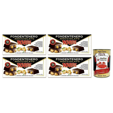 Novi Praline Novi Fondentenero Nocciolato Extrem Bittere Dunkle Schokolade mit Ganzen Haselnüssen 72% Kakao 130 g 4x italienisch Original Pastasauce + kostenlos Polpa di 8006380217146