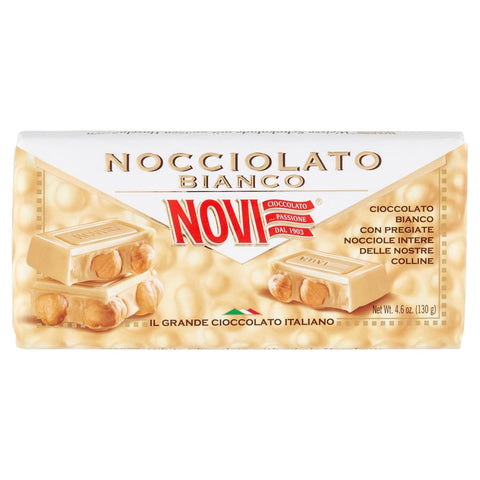 Novi Riegel Italienische Haselnussschokolade | Schokoladenhaselnuss | Novi, weiße Schokolade mit Haselnuss 130 g | Italienische Schokolade | 4.58 Unzen Gesamtgewicht | 130 Gramm insgesamt.