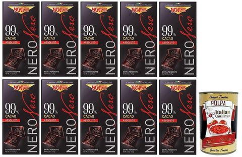 Novi Schokolade 10x Novi Nero Cioccolato Fondente Assoluto,Extra Dunkle Schokolade,99% Kakao,75g + Italian Gourmet Polpa di Pomodoro 400g Dose 8006380215807