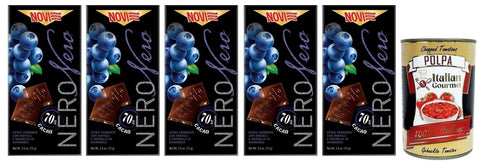Novi Nero Extra Dunkle Schokolade mit Blaubeeren und Gehackten Mandeln 70% Kakao 75 g 5x italienisch Original Pastasauce + gratis Polpa di Pomodoro 400 g Dose