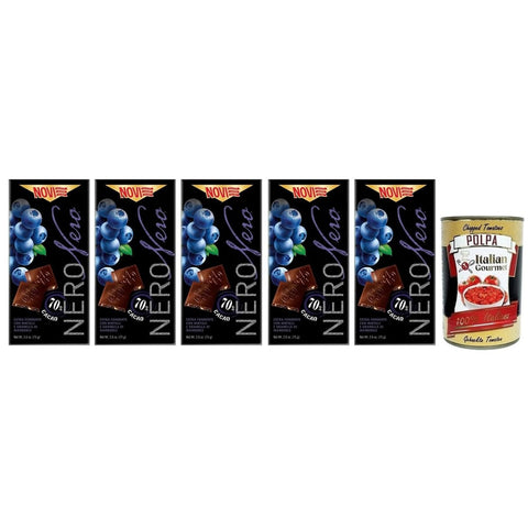 Novi Schokonüsse Novi Nero Extra Dunkle Schokolade mit Blaubeeren und Gehackten Mandeln 70% Kakao 75 g 5x italienisch Original Pastasauce + kostenlos Polpa di Pomodoro 400 g Dose 8006380315699