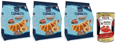 Nutrifree Abgepackte Gebäckstücke 3x Nutrifree Cornetti al Cioccolato,Croissants gefüllt mit köstlicher Schokoladencreme,Glutenfrei,240g,Multipack mit 4 Einzelportionen + Italian Gourmet Polpa di Pomodoro 400g Dose 8008696030259