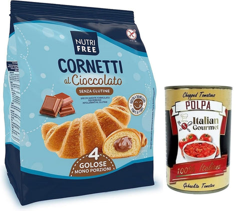 Nutrifree Abgepackte Gebäckstücke Nutrifree Cornetti al Cioccolato,Croissants gefüllt mit köstlicher Schokoladencreme,Glutenfrei,240g,Multipack mit 4 Einzelportionen + Italian Gourmet Polpa di Pomodoro 400g Dose 8008696030259