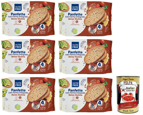 Nutrifree Brot & Backwaren 6x Nutrifree Panfette con Farina Integrale,Glutenfreies Brot mit Vollkorn-Buchweizenmehl,Packung mit 340g + Italian Gourmet Polpa di Pomodoro 400g Dose 8008696026108