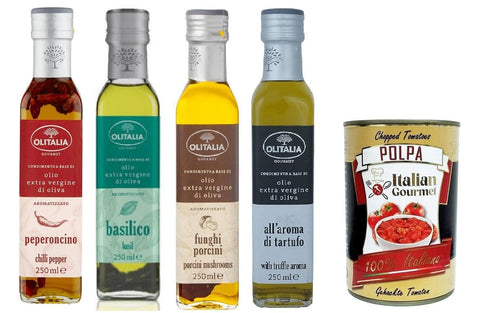 Olitalia Testpaket Dressing auf Basis von nativem Olivenöl extra Chilischote Basilikum Steinpilze Trüffel 4x250ml italienisch Original