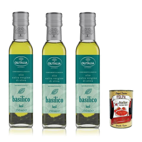 Olitalia Trüffel Olitalia Olio Condimento a Base di olio extra vergine di oliva all'aroma di Basilico, Extra Natives Olivenöl Basilikum geschmack 3x 250ml Original italienisch inkl. Italian Gourmet Polpa 400g 8032804040014