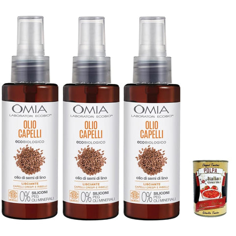 Omia Haaröl Omia Olio Capelli Eco Bio con Olio di Semi di Lino, Haaröl mit Flachssamenöl, Für kraus und rebellische Haare, glatte und disziplinierende Aktion ohne Silikone, 3x 100 ml Original italienisch inkl. Italian Gourmet Polpa 400g 8021983810242