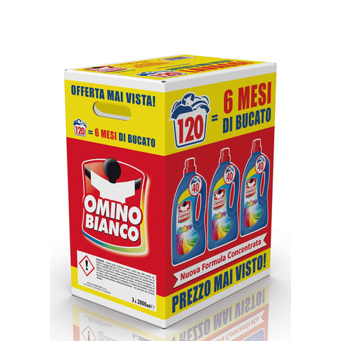 Omino Bianco Flüssigwaschmittel Color+, speziell für farbige Kleidungsstücke, Technologie speichert Farben und fängt Grau auf, 120 Waschladungen, 2000 ml x 3 Packungen italienisch Original