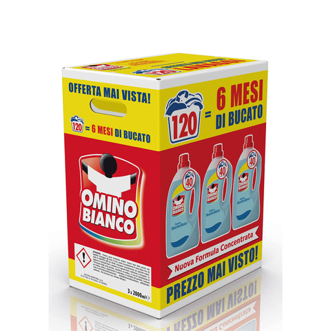 Omino Bianco Flüssigwaschmittel 120 Waschgänge respektiert Farben und Stoffe frischer Duft mit weißer Moschus Essenz x 3 2000 ml italienisch Original