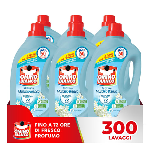 Omino Bianco Spezialwaschmittel Omino Bianco - Flüssigwaschmittel, 300 Waschgänge, respektiert Farben und Stoffe, frischer Duft mit weißer Moschus-Essenz, 2000 ml x 6 Packungen 8003650023001
