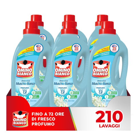 Omino Bianco Flüssigwaschmittel, 210 Waschgänge, respektiert Farben und Stoffe, frischer Duft mit weißer Moschus Essenz, 1400 ml x 6 Packungen italienisch Original