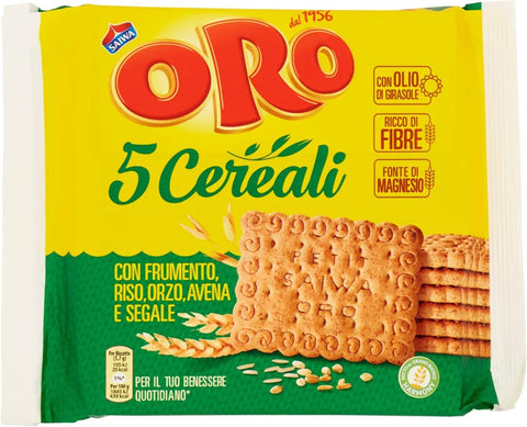 ORO SAIWA Kekse 6x Oro Saiwa 5 Cereali Getreidekekse mit Weizen, Reis, Gerste, Hafer und Roggen biscuits cookies 100% Italienische Kekse 400g 8000090004140