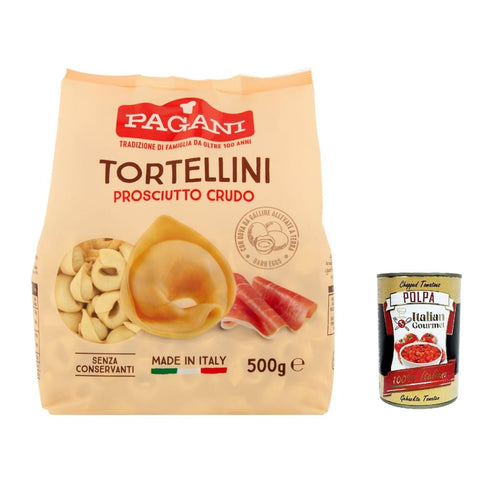 Pagani Internationale Nudeln Pagani Pasta all' Uovo Tortellini con Prosciutto Crudo, Eiernudeln mit Parma ham, Pasta mit Ei 500g 6x Original italienisch inkl. Italian Gourmet Polpa 400g 8005180010506
