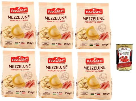 Pagani Längliche Pasta Pagani Pasta all' Uovo Mezzelune con Prosciutto Crudo, Eiernudeln mit Parma ham, Pasta mit Ei 6x 250g + Italian Gourmet polpa 400g 0