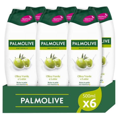 Palmolive Naturals Duschgel Olivgrün und feuchtigkeitsspendende Milch, 6 x 500 ml, spendet Feuchtigkeit für alle Hauttypen, hinterlässt die Haut weich, Duschgel dermatologisch getestet | Sanfte Formel italienisch Original
