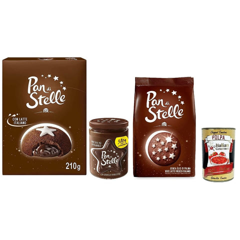 Pan di Stelle Dessert Pan di Stelle testpaket mit schokoladengefülltem Mondkuchen, Kakao- und Haselnusskeksen und Streichcreme mit Keksbröseln Original italienisch inkl. Italian Gourmet Polpa di Pomodoro 400g 8032804040014