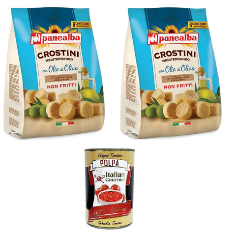 Panealba Abgepackte Gebäckstücke Panealba Crostini Multipack Gusto Mediterraneo Mediterraner Geschmack 2x168gr Original italienisch inkl. Italian Gourmet Polpa 400g 8032804040014