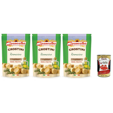 Panealba Abgepackte Gebäckstücke Panealba Crostini Rosmarino Nicht frittierte Rosmarin-Crostini 100gr 3x Original italienisch inkl. Italian Gourmet Polpa 400g 8002333009745