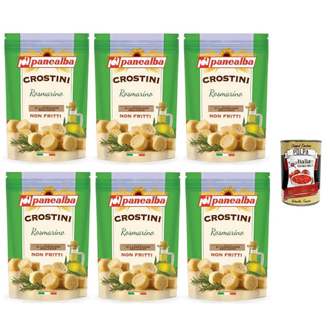 Panealba Abgepackte Gebäckstücke Panealba Crostini Rosmarino Nicht frittierte Rosmarin-Crostini 100gr 6x Original italienisch inkl. Italian Gourmet Polpa 400g 8002333009745