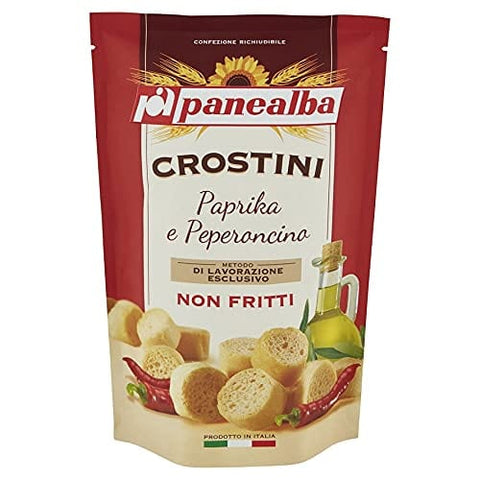 Panealba Crostini Paprika e Peperoncino Croutons mit Paprika and Chilli Gesalzener Snack Nicht Gebraten Nicht 1x100g Original italienisch Gebäck