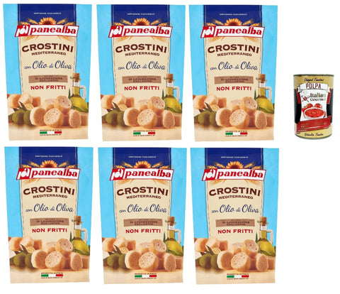 Panealba Chips Panealba Crostini Mediterraneo con Olio di Oliva Croutons mit Olivenöl Gesalzener Snack Nicht Gebraten Nicht Frittiertes 6x 100g + Italian Gourmet polpa 400g 8002333009486