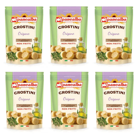 Panealba Crostini Origano Croutons mit Oregano Gesalzener Snack Nicht Gebraten Nicht Frittiertes 6x100g Original italienisch Salat-Toppings