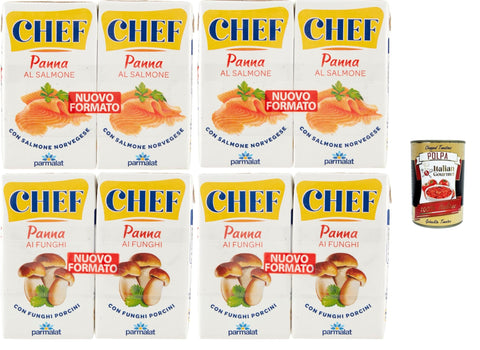Parmalat Käse & Alternativen auf Pflanzenbasis Parmalat Panna Chef Testpaket, Funghi und Salmone Sahne Kochcreme creme mit Lachs und Pilzen, double cream with salmon und mushroom, 4x (2x125ml) + Italian Gourmet polpa 400g 8002580015964