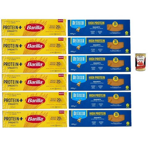Pasta High Längliche Pasta Pasta High protein Testpaket, De Cecco und Barilla Spaghetti, Italienische Hartweizennudeln, 12 Packungen à 400g, Pasta aus 100% italienischem Hartweizen Original italienisch inkl. Italian Gourmet Polpa 400g 8032804040014