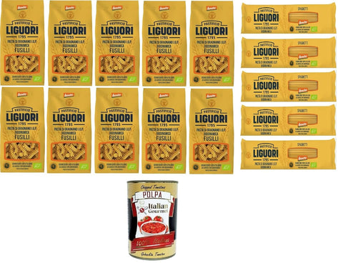 Pastificio Liguori Längliche Pasta Pastificio Liguori, Testpaket Pasta di Gragnano IGP Biodinamica Fusilli,Penne RIgate, Spaghetti Biodynamische Gragnano-Pasta mit IGP 15x400gr + Italian Gourmet polpa 400g 8008912528317