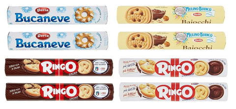 Pavesi Dessert Testpaket Tube Kekse Pavesi Ringo Kakao ( 2 x 165g ) + Pavesi Ringo Vanille ( 2 x 165g ) + Baiocchi mit Haselnuss und Kakaocreme ( 2 x 168g ) + Doria Bucaneve ( 2 x 200g ) 8013355999501