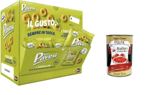 Pavesi Gemischte Geschenkkörbe & Feinkostgeschenke Gran Pavesi Tarallini Snack mit Olivenöl und Extra Virgin Showbox mit 32 Einzelportionen à 32 g+ Italian Gourmet polpa 400g 8013355500554