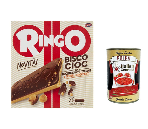 Pavesi Kekse 3x Pavesi Ringo Bisco Cioc Nocciole, Keks gefüllt mit Sahne mit 100 % italienischen Haselnüssen und Schokoladenüberzug 162 g + italian gourmet polpa 400g 8013355501377