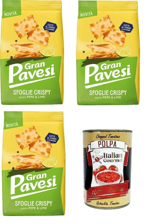 Pavesi Kekse Gran Pavesi Knuspriger Blätterteig-Snack mit Pfeffer- und Limettengeschmack, gebacken, 3 x 150 g+ Italian Gourmet Polpa di Pomodoro 400g 8013355501797