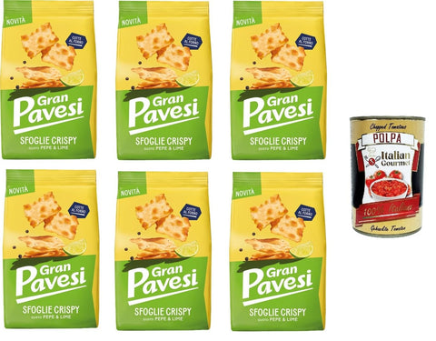 Pavesi Kekse Gran Pavesi Knuspriger Blätterteig-Snack mit Pfeffer- und Limettengeschmack, gebacken, 6 x 150 g+ Italian Gourmet Polpa di Pomodoro 400g 8013355501797