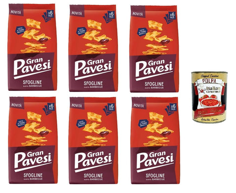 Pavesi Kekse Gran Pavesi Sfogline Snack croccante di pasta sfoglia al gusto di Barbecue Knuspriger Blätterteig-Snack mit Barbecue-Geschmack 6x 180gr+ Italian Gourmet Polpa di Pomodoro 400g 8013355501827
