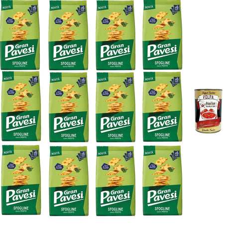 Pavesi Kekse Gran Pavesi Sfogline Snack croccante di pasta sfoglia al gusto di Pesto Sfogline Knuspriger Blätterteig-Snack mit Pesto-Geschmack, gebacken 12x180gr + Italian Gourmet Polpa di Pomodoro 400g 8013355501810