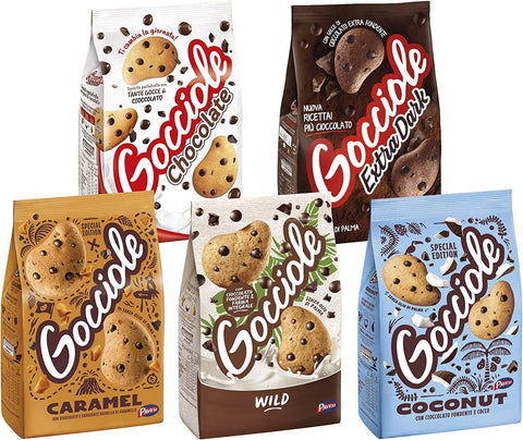Pavesi Mix Assorted Pack with Chocolate Gocciole, Caramel, Coconut, Wild und Extra Dark Kekse mit Chocolate Drops italienisch Original