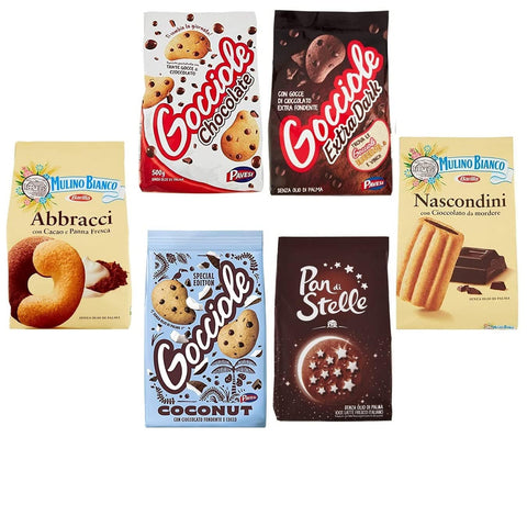 Pavesi Barilla Kekse Gocciole Testpaket Chocolate Dark Coconut biscuits + Mulino Bianco Pan di stelle Abbracci Nascondini 350 g italienisch Original