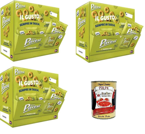 Pavesi Party-Mix Gran Pavesi Tarallini Snack mit Olivenöl und Extra Virgin 3x Showbox mit 32 Einzelportionen à 32 g+ Italian Gourmet polpa 400g 8013355500554