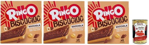 Pavesi Snack Kuchen & Backwaren Pavesi Ringo Bisco Cioc Nocciole, Mit Sahne gefüllter Keks mit 100 % italienischen Haselnüssen und Schokoladenüberzug für einen süßen und leckeren Snack, 3x 162g + Italian Gourmet polpa 400g 8013355501377