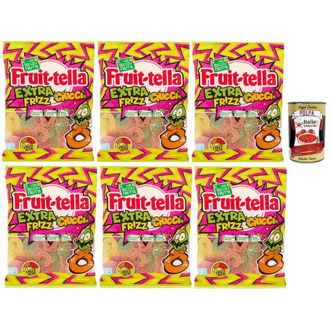 Perfetti Fruittella Ciucci Extra Frizz Caramelle Gommose, Gummose, funkelnde Süßigkeiten, verschiedene Früchte mit Fruchtsaft, glutenfreier, 6x 165 g italienisch Original