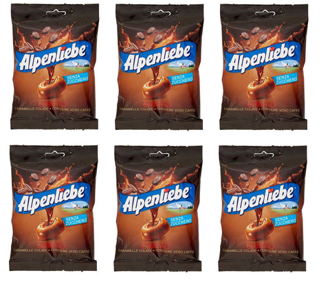 Perfetti Van Melle Lollies 6x Perfetti Alpenliebe Espresso Caramelle Colate senza zucchero Bonbon mit echtem Kaffee zuckerfreie Süßigkeiten Lollies 80g Beutel 8003440109649